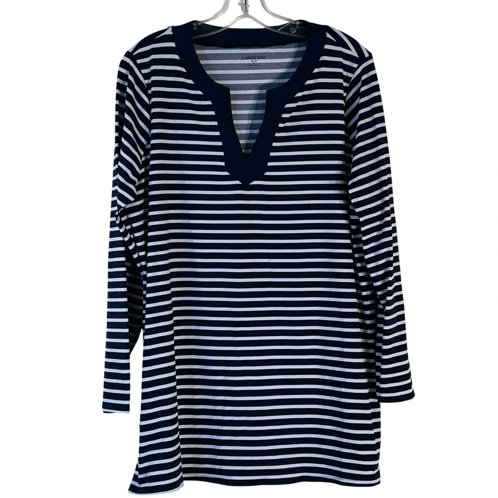 Lands' End Womens XL Petite‎ Navy Blue White Striped Swim Tunic Rash Guard Top